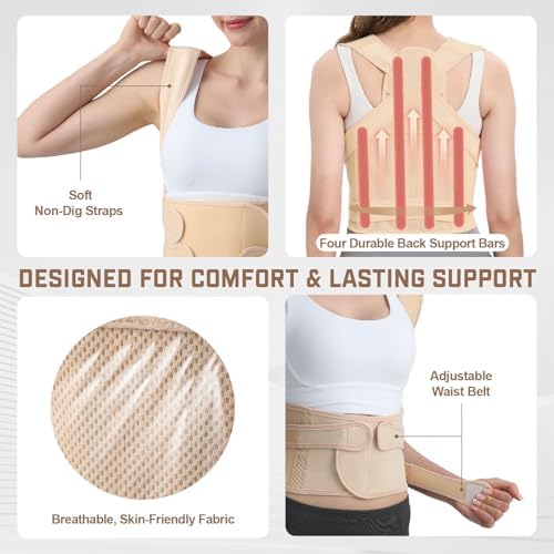 Posture Corrector for Women & Men, Adjustable Back Brace Shoulder Straightener with Full Back Support for Upper & Lower Back Pain, Spine Alignment, Hunchback, Scoliosis Relief (Large, Beige) - Image 4