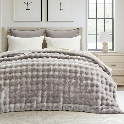 EverGrace Faux Rabbit Fur Bubble Throw Blanket, 90"x90", Taupe by EVERGRACE
