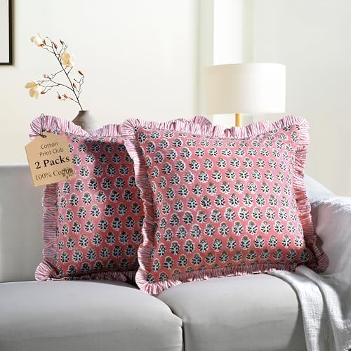 CPC Poppy Pink Ruffle Throw Pillow Covers for Couch, 20x20 Inch Cotton Stripe Ruffle Couch Pillows for Living Room, Hidden 16 Inch Zipper Boho Pillow Case or Cute Outdoor Pillows by COTTONPRINTCLUB
