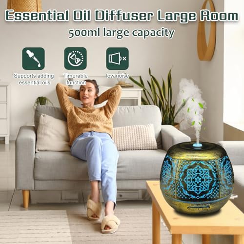 500ml Metal Essential Oil Diffuser, Antique Gold Aromatherapy Diffuser, Moroccan Hollow Out Design, 7 Color LED, Timer, Auto Shut-Off, Vintage Iron Cool Mist Humidifier for Large Room, Home Decor Gift - Image 2