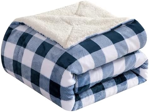 Elegant Comfort Luxury Ultra-Plush Velvet Touch Buffalo Plaid Fleece Throw - Soft, Warm, Cozy Micromink Sherpa-Backing Reversible Blanket for Bed, Sofa and Couch, Buffalo Navy by ELEGANTCOMFORT
