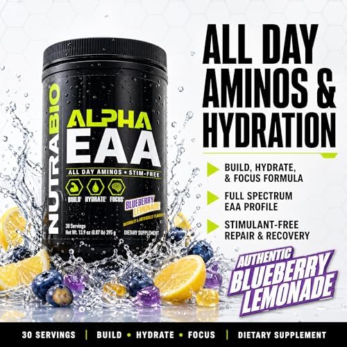 NutraBio Alpha EAA - All-Day Amino Acids for Muscle Growth and Hydration - Essential Amino Acids with Nootropics & Adaptogens- Full Spectrum EAA BCAA Powder - 30 Servings - Blueberry Lemonade - Image 3