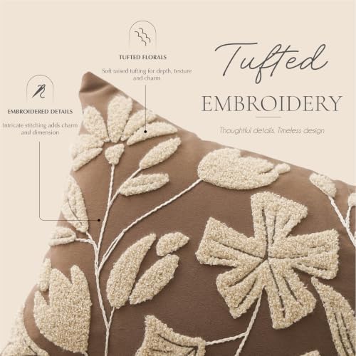 BlissBlush 14x36 Lumbar Pillow Cover for Bed, Brown Rectangular Long Throw Pillowcase, Embroidered Velvet Floral Tufted Farmhouse Accent Cushion (Cover Only) - Image 2