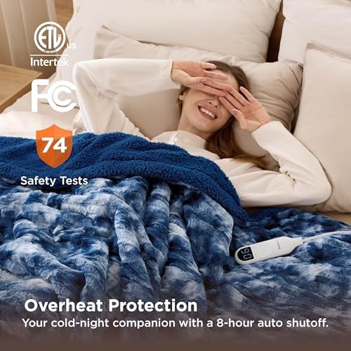 Bedsure Faux Fur Heated Blanket Full Size, Fast Heating Electric Blanket Full Size with 6 Heating Levels & 10 Time Settings, Cozy Gifts for Women Men (72x84 inches, Denim Blue) - Image 6