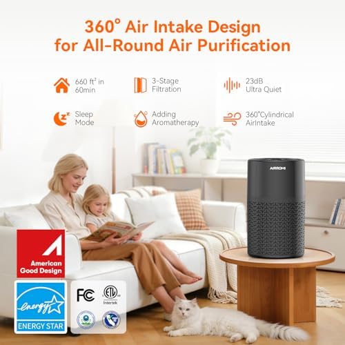 AIRROMI Pets Air Purifier for Home Allergies,Up to 660 ft².HEPA Deodorizing Activated Carbon Filter,With Fragrance Sponge for Better Sleep,Night Light,Pet Dander,Smoke,Odors,Air Cleaner A2002 Black - Image 2