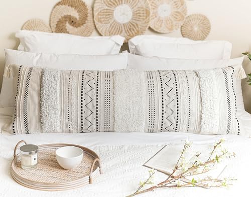 BlissBlush 20X54 Oversized Large Lumbar Pillow Cover for Bed, Rectangular Long Decorative Throw Pillowcase, Cotton Boho Accent Cushion with Black Tufted Pattern and Tassels, Cream Neutral (Cover Only) - Image 6