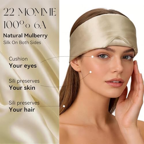 Silk Sleep Mask 22 Momme 100% Mulberry Silk & 3.5cm Silk Hairband Set for Side Sleeper Women Men,Light Blocking Nose Pad, Adjustable Silent Strap,Eye Mask fo Home & Travel Use (Khaki) - Image 6