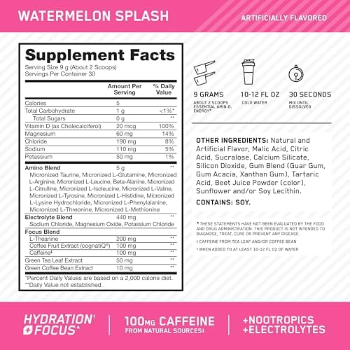 Optimum Nutrition Amino Energy Powder Plus Focus, Watermelon, 9.5 Oz - Image 2