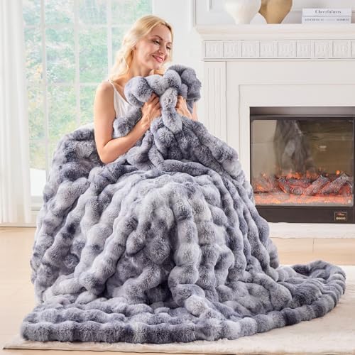 BENVWE Fluffy Faux Fur Throw Blanket for Couch - Soft, Plush, Thick, Cozy, Fuzzy Luxury Bubble Blanket for Home Living Room Decor, Gifts for Women, Tie-dye Light Grey, 51" x 63", 1100GSM - Image 5