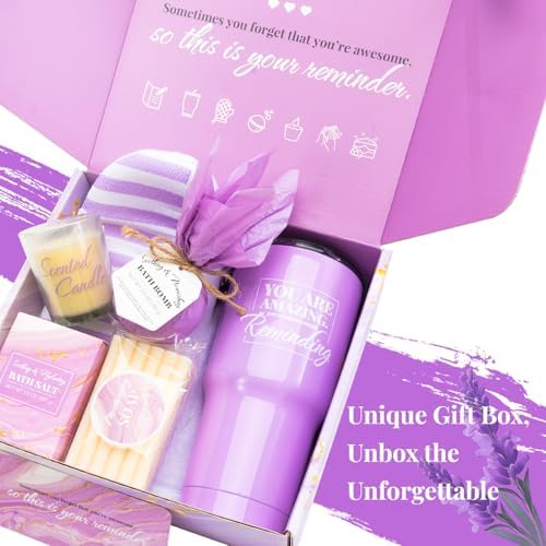 BODY & EARTH Self Care Gifts for Women Get Well Soon Gifts, Purple Birthday Gift Baskets, 8pcs Lavender Bath and Body Sets with 20oz Vacuum Insulated Tumbler Mother's Day Gifts for Mom - Image 2