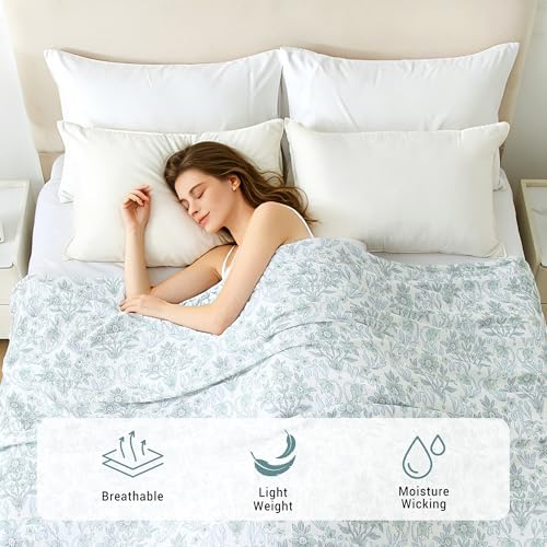 Viviland Cotton Muslin Blanket Reversible Fleece Blanket Lightweight Breathable Gauze Queen Size 90 x 90 Inches, Green Narcissus - Image 6