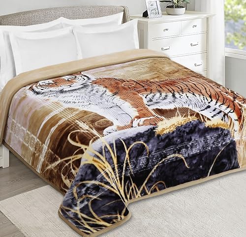 Nestl 12 Lbs Velvet Fleece Blanket for Winter - 2 Ply Heavy & Warm Korean Style Bed Blanket - Reversible Printed Raschel King Size Blanket - Wrinkle & Fade Resistant - 87 x 94 Inches - Tiger by Nestl