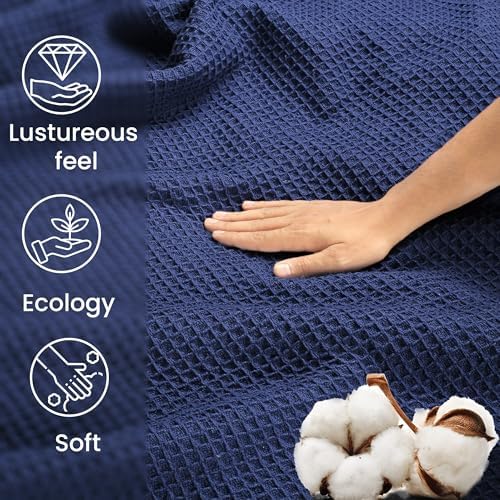 Tex Trend 100% Cotton Waffle Weave Blanket Queen Size - Soft, Breathable Cooling Blanket for Bed, Lightweight Cozy Summer & Spring Bedding, Navy Blue, 90x90 - Image 5