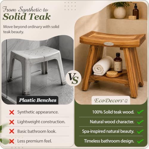EcoDecors 18" Teak Shower Bench, 300 lb Capacity, Waterproof Seat & Shelf - Image 5