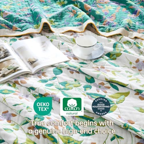 VANJOROY Boho Throw Blanket, 100% Organic Cotton Breathable Skin-Friendly Ultra Soft 80" x 90" Bed Quilt Throw - Floral Rustic Decor Luxury Reversible Blanket for Sofa Couch Chair and Gift, - Image 6