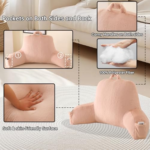 Soft Reading Pillow for Bed with Arms,Middle,Light Pink,Faux Fur - Image 5