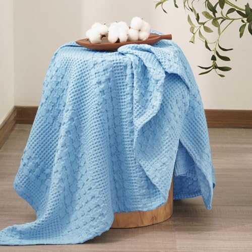 PHF Lightweight 100% Cotton Waffle Throw Blanket for Couch, Airy Blue - Image 4