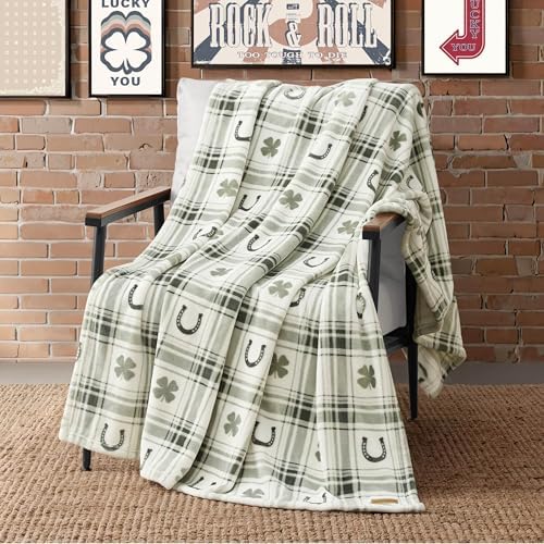Lucky Brand 50" x 70" Plush Throw Blanket, Clover Horseshoe Plaid Sage Green Blanket for Sofa or Bed - Image 3