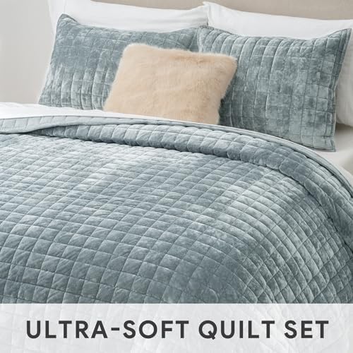 RECYCO Channel Box Stitch Velvet Quilt Set, Full Queen Size, Blue Linen - Image 4