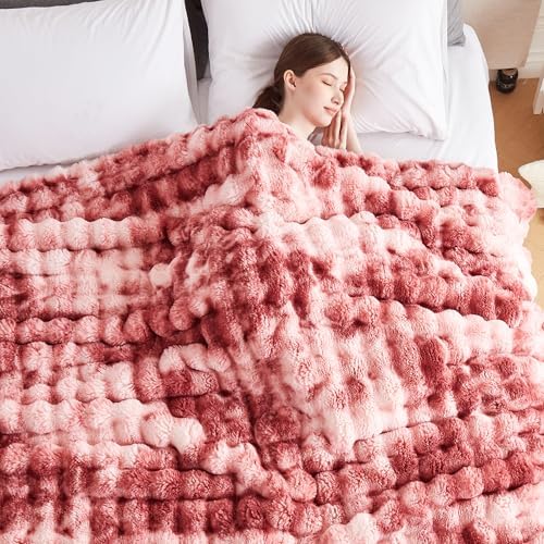 50x60 Inches Ultra-Soft Fuzzy Faux Fur Plush Throw Blanket - Thick, Warm Sherpa for Couch, Sofa, Bedroom, Camping - Decorative Blanket for Cozy Warmth, Bubble Dusty Rose Tie Dye - Image 4