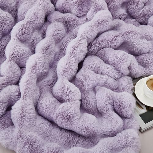 DREAMNINE Soft Faux Bubble Rabbit Fur Blanket Queen Size, Thick Cozy Decorative Warm Fuzzy Fur Blanket for Bed Couch Sofa Chair Bedroom Living Room Dorm Gift, 80 * 90 Inches, Lilac Purple - Image 5