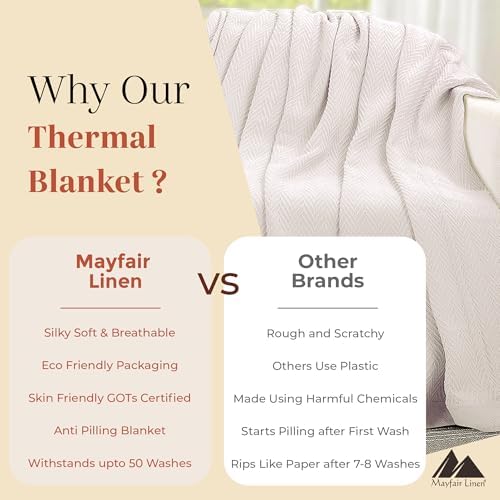 Mayfair Linen Cotton Throw Blankets for Bed Queen Size - Herringbone Pattern Soft Cotton Blanket (1 PC, White), Breathable, Soft & Cozy Thermal All Season Throw for Bed Couch Chair Outdoors - Image 3