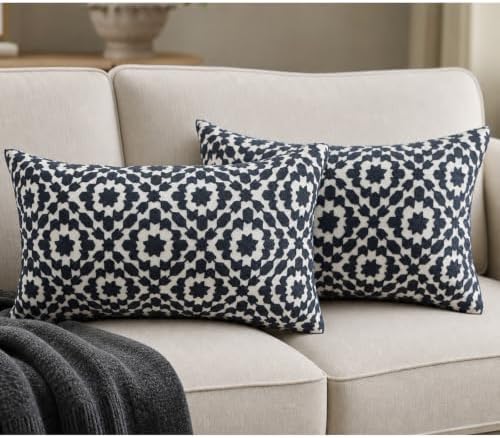 2PCS Pack Aitliving Decorative Throw Pillow Covers Muted Slate Blue Trellis Embroidery Dark Blue Mina Lumbar Pillowcases Cushion Covers Navy Blue Lumbar Pillow Sham 30x50cm for Outdoor Accent Pillows by Aitliving
