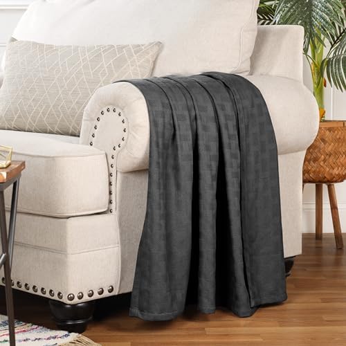 Superior Basketweave Cotton Blanket, Basket Weave Design, Soft, Comfy Cover for Bed, Bedding, Bedroom, Couch Throw, Lounging, Modern Boho Medium Weighted Blankets, Throw Size, Black - Image 4