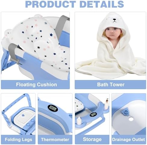 MoreFeel Collapsible Baby Bathtub for Newborn with Thermometer & 1 Hooded Towel & 1 Soft Floating Cushion,Portable Travel Bathtub with Drain Hole, Durable Foldable Baby Tubs for Infants to Toddler - Image 4