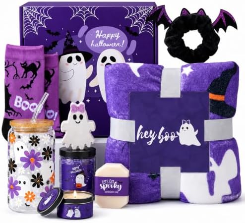 Boo Basket Stuffers for Women Teen Girls, Halloween Gifts for Women with Witch Mug Halloween Blanket and Relaxing Spa Gifts for Mom Wife Friends by Kederwa