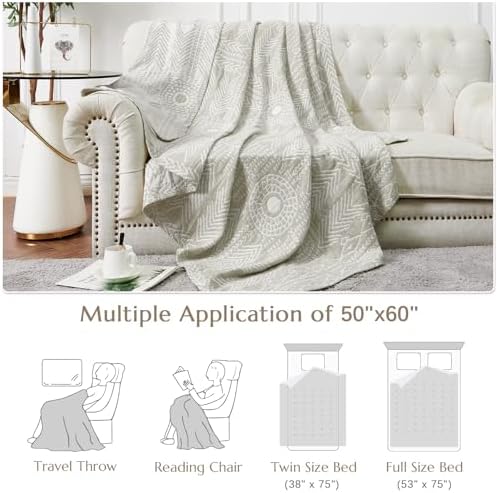 jinchan 100% Cotton Muslin Blanket Twin Boho Throw Blanket 50x60 Light Gray - Image 6