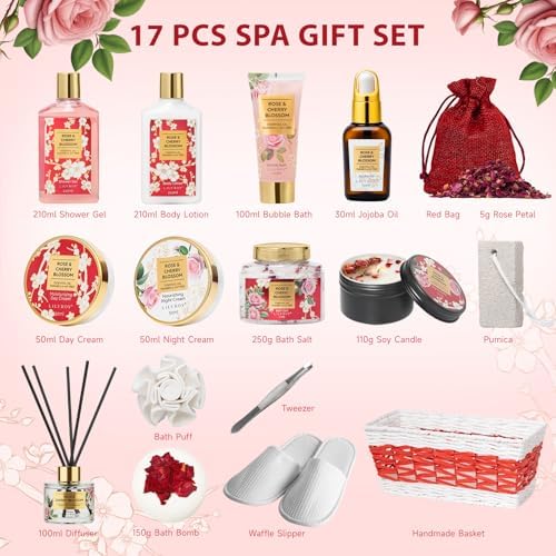 17Pcs Spa Gifts Bath Skin Care Set Relaxing Rose Spa Gift Baskets for Women - Image 3