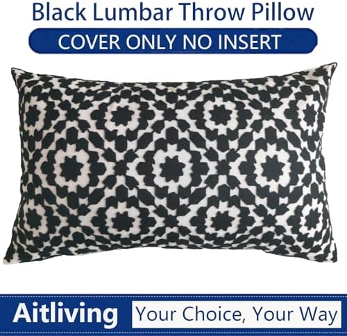 Embroidered Summer Decorative Lumbar Sofa Pillow Cover 12"x20", Mina Black Trellis Throw Pillowcase Pattern, Cotton Canvas Bolster Cushion Case for Couch Bed Living Room Decor(Black and White) - Image 6
