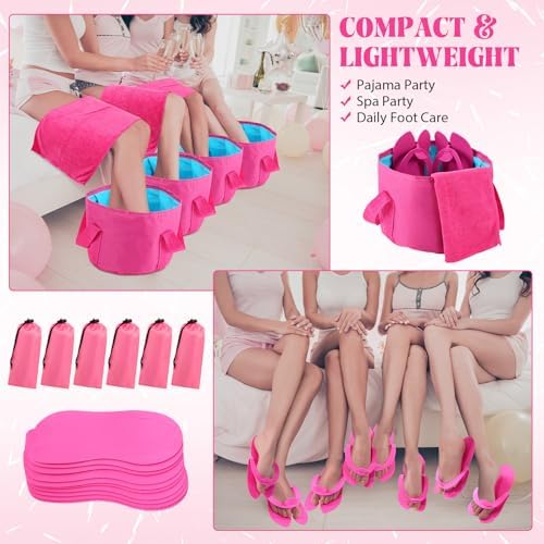 FillTouch 6 Sets Foldable Foot Bath Kit 15L Collapsible Foot Soaking Tub Bathroom Towels Women Adult Foldable Slippers with Storage Bag Spa Soak Pedicure Bath for Travel Camping(Rose Red) - Image 5