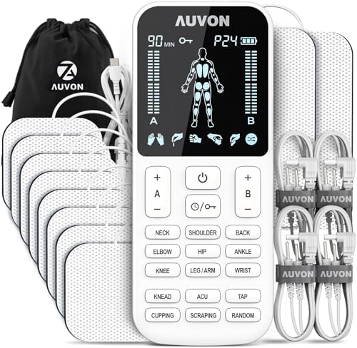 AUVON 4 Outputs TENS Unit Muscle Stimulator with 24 Modes & Intuitive Operation Design, FSA & HSA Eligible, TENS Machine with 10 TENS Pads, Electronic Pulse Massager for Back Pain Relief Therapy by AUVON