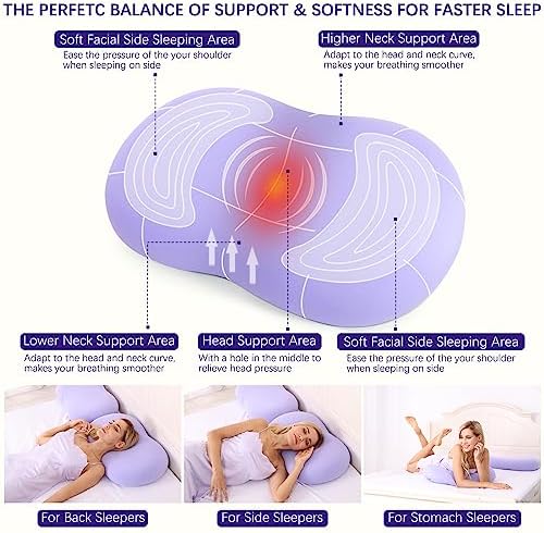 Memory Foam Pillows - Cervical Neck Pillows for Pain Relief, Ergonomic Contour Pillow for Side Back Stomach Sleepers (Purple) - Image 3