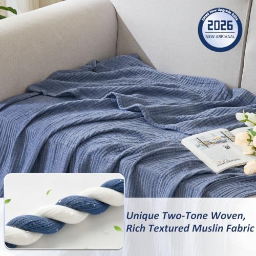 EMME Cotton Muslin Super King Blanket 4 Layer，Oversized Gauze Bedspread Coverlet, Soft Lightweight Breathable Layered Blanket for All Season (Heather Navy, 120"x94") - Image 2