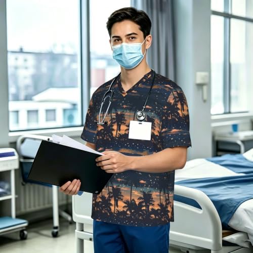 Men's Scrub Top,V-Neck Spill Wrinkle Resistant,3 Pockets-Tropical Starry Sky Palm Tree (4) - Image 3