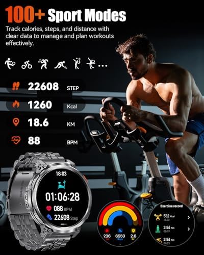 1.85" Big Screen Military Smart Watch for Men with Flashlight, 930mAh Large Battery, IP68 Waterproof, Bluetooth Calling, 114 Sports Modes, Heart Rate/Sleep Monitor for iPhone & Android - Image 6