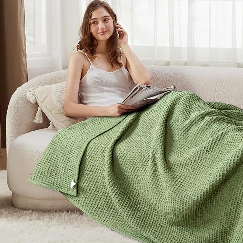 Tex Trend 100% Cotton Waffle Weave Blanket Queen Size - Soft, Breathable Cooling Blanket for Bed, Lightweight Cozy Summer & Spring Bedding, Sage Green, 90x90 - Image 4