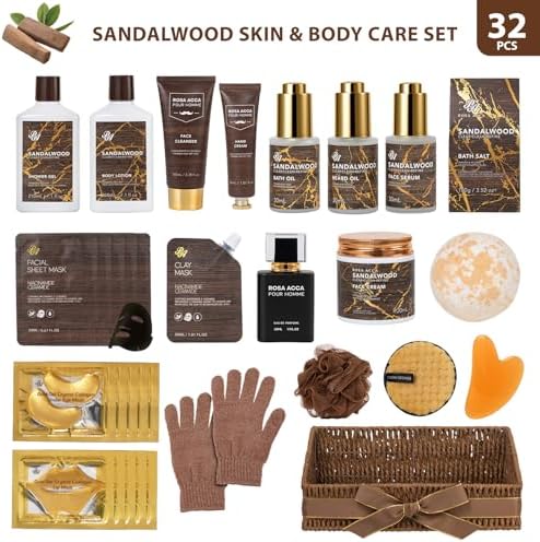 Sandalwood 32 Pcs Bath & Body Gifts Basket for Men, Beard Grooming Gift Set - Image 2