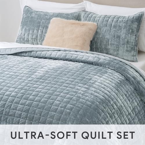 RECYCO Velvet Quilt Set, Oversized California King 118"x106", Blue Linen - Image 4