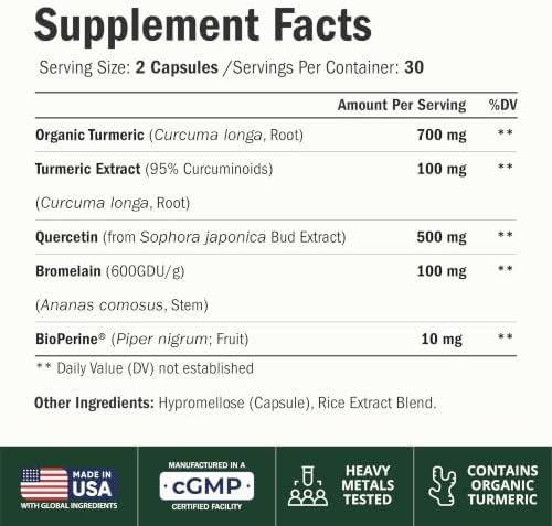 Quercetin with Bromelain Turmeric Curcumin Supplement – Triple Action: Allergy Relief, Inflammation and Joint Support with Organic Tumeric + Bioperine for Max Absorption – 60 Quercetin 500mg Capsules - Image 2