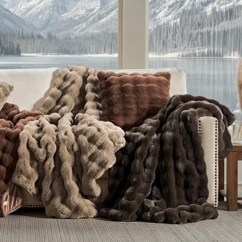 EverGrace Faux Rabbit Fur Bubble Throw Blanket, 50"x60", Dark Brown - Image 7