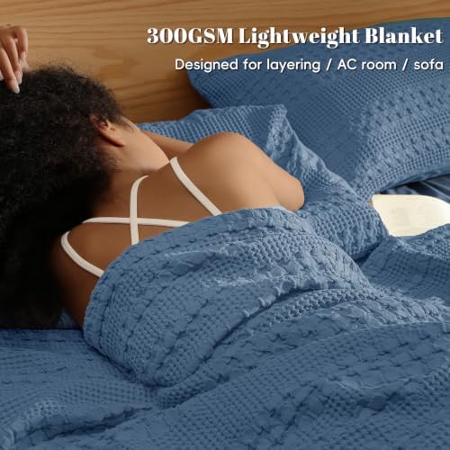 PHF Lightweight 100% Cotton Waffle Blanket for Bed, King, Denim Blue - Image 2