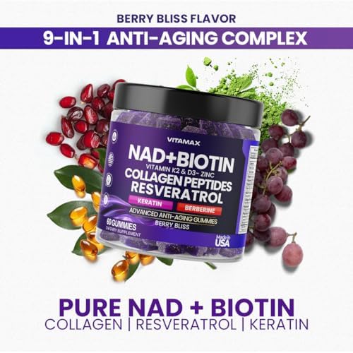 NAD+, Resveratrol, Berberine, & Biotin Anti-Aging Gummy - Hair, Skin, Nails & Joint Supplement - Collagen Peptides, Keratin, Zinc, Vitamin K2 & D3 Gummies -Regeneration- Non-GMO - Made in USA 60 Count - Image 3
