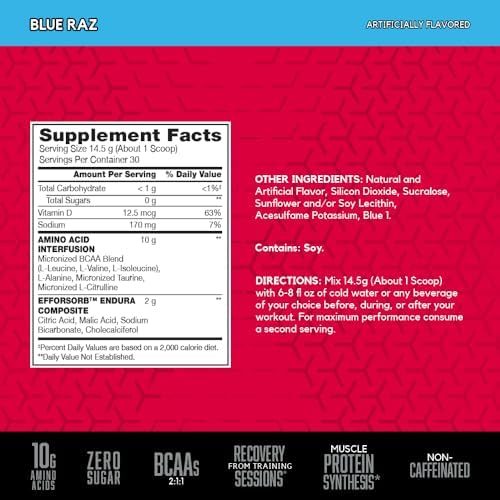 BSN Amino X Recovery Powder with BCAAs, Zero Sugar, Blue Raz, 30 Servings - Image 2