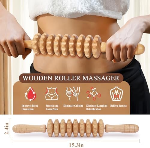 Wood Massage Roller Muscle Roller Cellulite Massage Tool Fascia Blaster Lymphatic Drainage Massager Wood Therapy Massage Tools for Deep Tissue Muscle Relief Recovery(9-Wheel) - Image 3