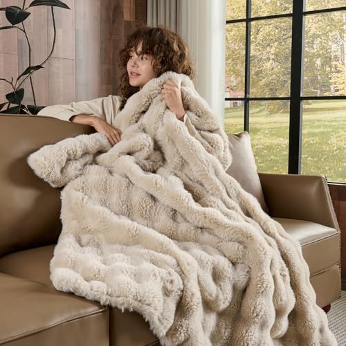 Lotus Karen Faux Fur Throw Blanket Linen - 800 GSM Bubble Rabbit Fluff Blanket for Couch Bed Sofa,Softest Fluffy Fuzzy Cozy Blanket,Thick Furry Plush Shaggy Warm Blankets for Women,50x60 Inches - Image 3