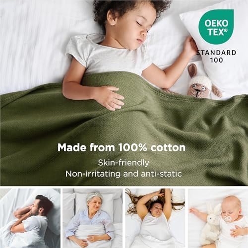 Bedsure 100% Cotton Blanket, Herringbone Weave, Twin-XL, Olive Green - Image 2